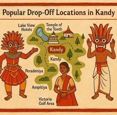 Illustrated map of popular drop-off locations in Kandy including Temple of the Tooth.