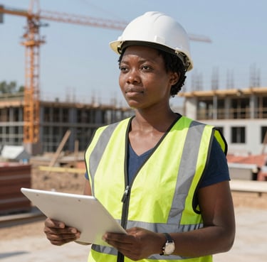 Smiling middle-aged man in a hard hat standing at a construction site with cranes in the background.