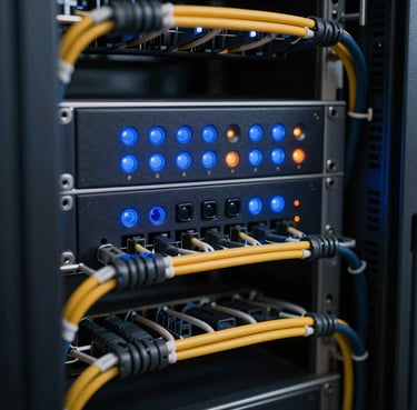 Macro shot of a clean server rack with blue and orange indicator lights, structured cabling, crisp daylight, macro lens
