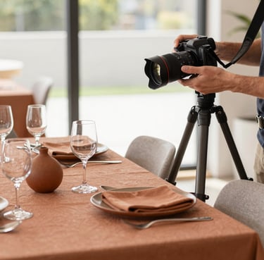A professional photographer hands adjusting a camera on a tripod, capturing a beautifully styled table at a modern restaurant, warm terracotta tones, natural daylight, rich textures