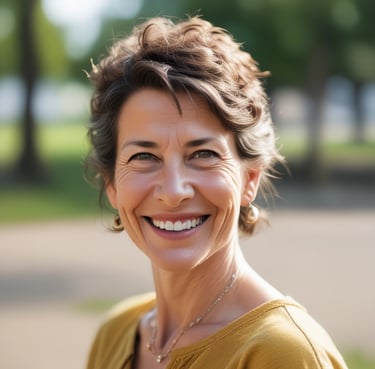 Portrait of a smiling woman in her 40s enjoying a healthy meal outdoors.