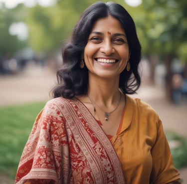 a middle aged indian woman smiling