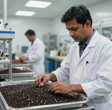 A South Asian / Indian quality control expert in a clean, modern facility inspecting a tray of sun-dried black pepper. The lighting is professional and bright, focusing on the texture of the spice and the expert's attentive posture.