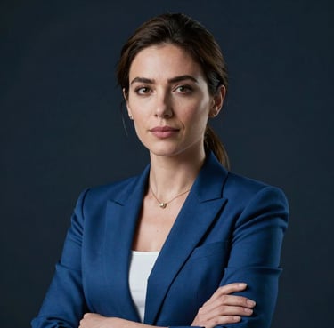 A professional portrait of a female engineer in a steel blue blazer. She looks confident and approachable, set against a dark navy background.