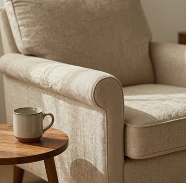 Intimate shot of a comfortable linen armchair next to a wooden side table with a ceramic mug, soft diffused morning light, warm sand tones