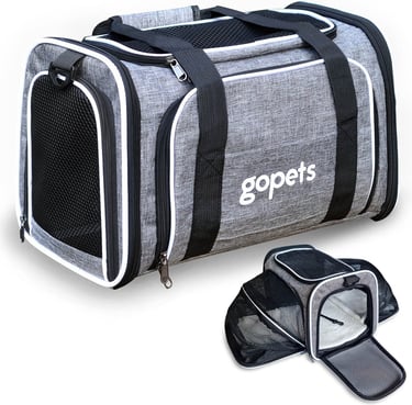 Grijze Gopets draagtas voor hond en kat met uitklapbare mesh zijkanten en zachte fleece mat