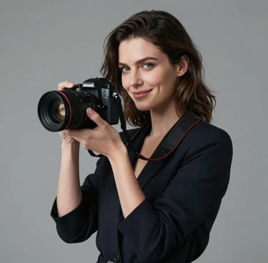 A portrait of a professional woman in a contemporary studio setting, holding a camera and smiling confidently. Sophisticated, minimalist background, European / North American.