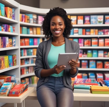 Smiling black woman holding a tablet, browsing an online store with colorful product thumbnails.