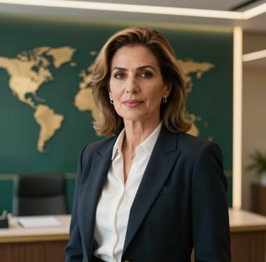 A portrait of a sophisticated female executive with light brown hair in her 50s, wearing professional attire, in a modern Global / Western & GCC Business office with dark green and gold accents.