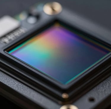 Close up of a camera sensor with colorful light interference, technical and artistic, colors including #3D5A80, premium tech style.