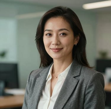 Professional portrait of a woman with a warm expression, dressed in professional attire, in a modern office setting in Georgia, US. The background is softly blurred with hints of sage green and charcoal.