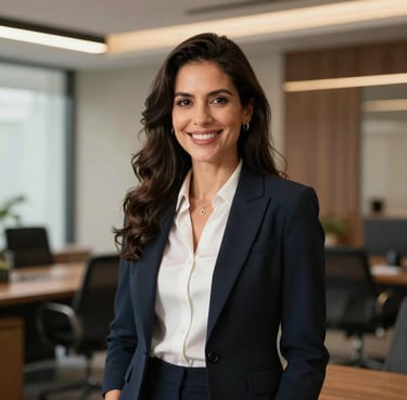 A smiling professional woman in elegant attire, standing in a contemporary Latin American office with warm, professional lighting.