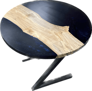 Blue eye epoxy and spalted maple z leg table made by Austen at Eternally Furnished.