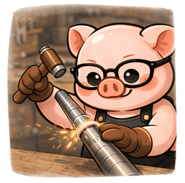 The Artisan Lab Designs mascot Milo is using a bangle mandrel to shape a silver bangle