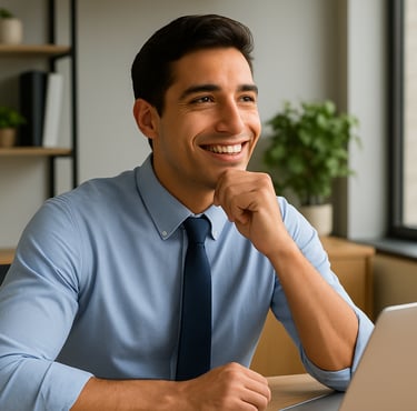 Hombre en la oficina, pensando en emprender y poner un negocio para más ingresos.