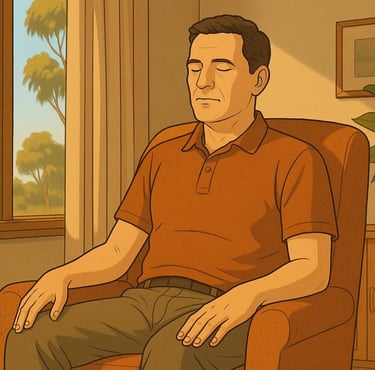 Italian-Australian adult sitting in a chair indoors practising PMR, warm light, gum trees outside, calm relaxed posture.