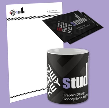 Branded items from SquareKeyStudio. Business stationery, business cards, mugs