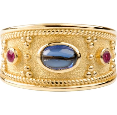 Etruscan Revival Ring.  Gold CZ Sapphire Etruscan Wide Band, Ancient Style