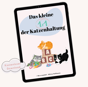 Ein Tablet mit einem Buchcover, auf dem spielende Katzen zu sehen sind
