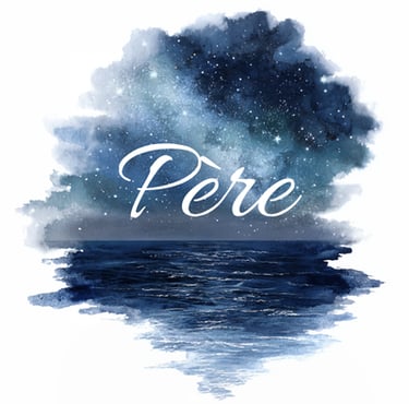 Watercolor painting of a starry night sky over the ocean with the word Pere in white script.