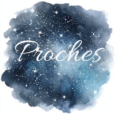 Watercolor celestial night sky illustration with stars, constellations, and the word Proches in cursive.