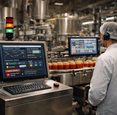 Worker monitoring a SCADA control panel in a modern food processing facility