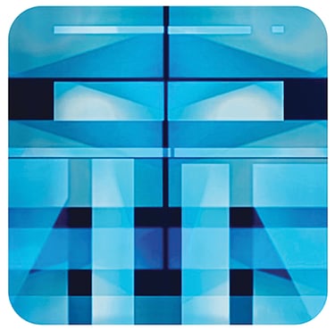 Pop art of blue robot with big glowing eyes