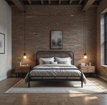 Dormitorio industrial moderno luminoso con pared de ladrillo visto, cama de metal negro y decoración