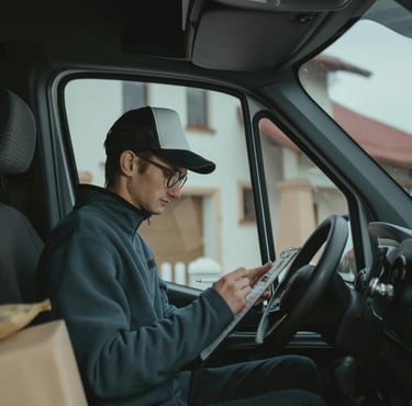 Delivery driver in a van checking a delivery clipboard with packages in the foreground.