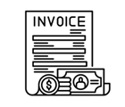 Black and white line icon of a business invoice document with cash and coins for payment processing.