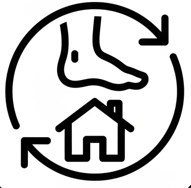 Un pie y una casa representa que no tienes que desplazarte cuando llamas al podólogo a domicilio 