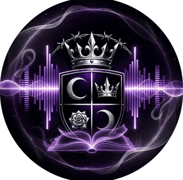 Vaeloria's crest of 2 moons, a crown and rose set in a shield with wings. a crown under barbed wire sit at the top