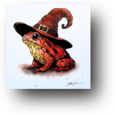Tiffany Swensen watercolor painting Crimson Enchantment wizard toad stained glass