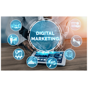 Graphic with digital marketing icons representing analytics, optimization tools, and data tracking
