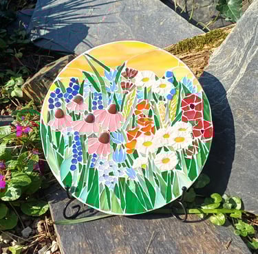 Plaque funéraire en mosaique fleurs, coucher de soleil, personnalisé Sepulture49, MOSAISTE FUNERAIRE