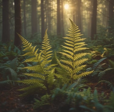 Close-up of fern leaves in a forest with soft light filtering through the trees