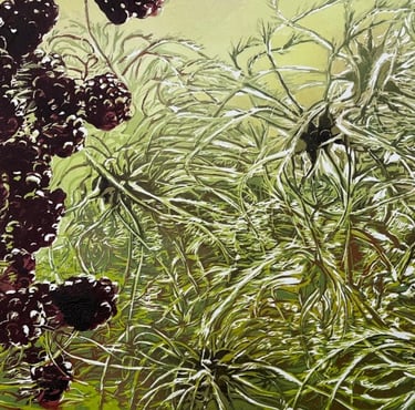 Linocut: Backwards through a hedge - Spring edition