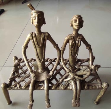 "Brass village family seated on traditional Indian woven cot–handcrafted Bastar tribal art-Export-grade"