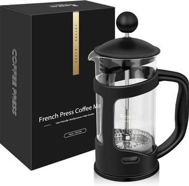 a french press coffee maker with a black box