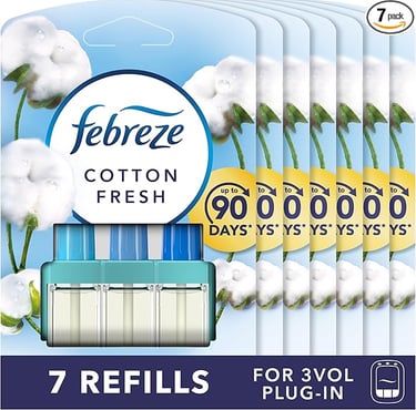 Febreze Cotton Fresh 3VOL plug-in air freshener refills in a bulk 7-pack providing up to 90 days of scent.