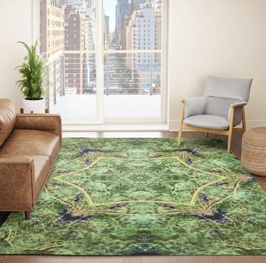 Digital image featuring an abstract forest kaleidoscope design on an Area Rug. 