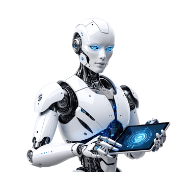 a robot with a laptop and a tablet