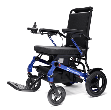 Compact foldable electric wheelchair in blue and black design