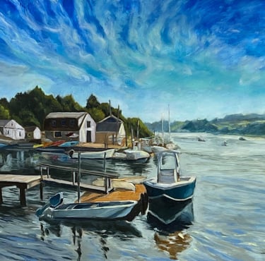 stage harbor on Cape Cod, morning scenery with fishing boats 