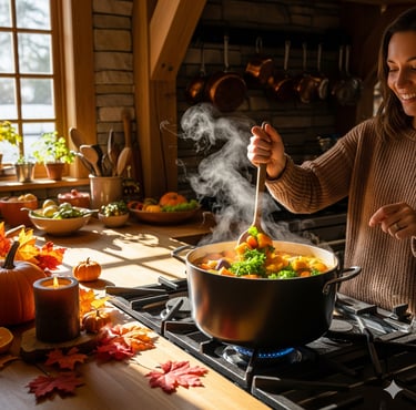 a woman cooking in a potted potted on a stove top