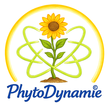 PhytoDynamie logo featuring a sunflower with green atomic orbit stems under a yellow arch.