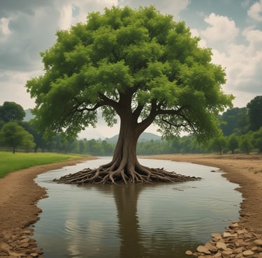 A blue Academy Study Bible with gold lettering is placed on a wooden surface. In the background, there are blurred objects including a white vase with dark stems and a black cylindrical container.