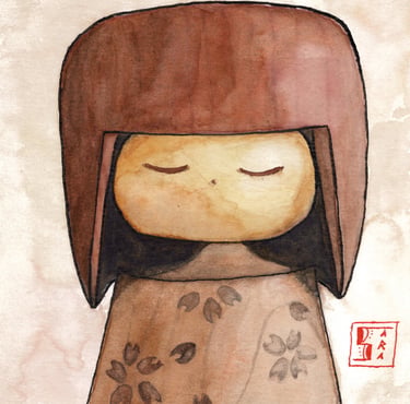Watercolor illustration of a traditional Japanese kokeshi doll with a brown wooden texture and cherry blossoms.