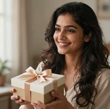 A warm, natural light lifestyle photo of a beautiful smiling South Asian woman holding an elegant handcrafted gift box with a satin ribbon, radiating genuine happiness.