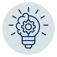 Light bulb icon featuring a brain and gear to represent creative thinking and innovation.
